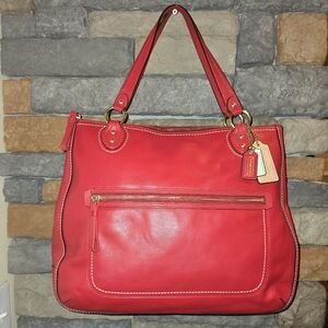 COACH 22424 Hallie Red Leather Tote Handbag Contrast Stitching **minor flaws**